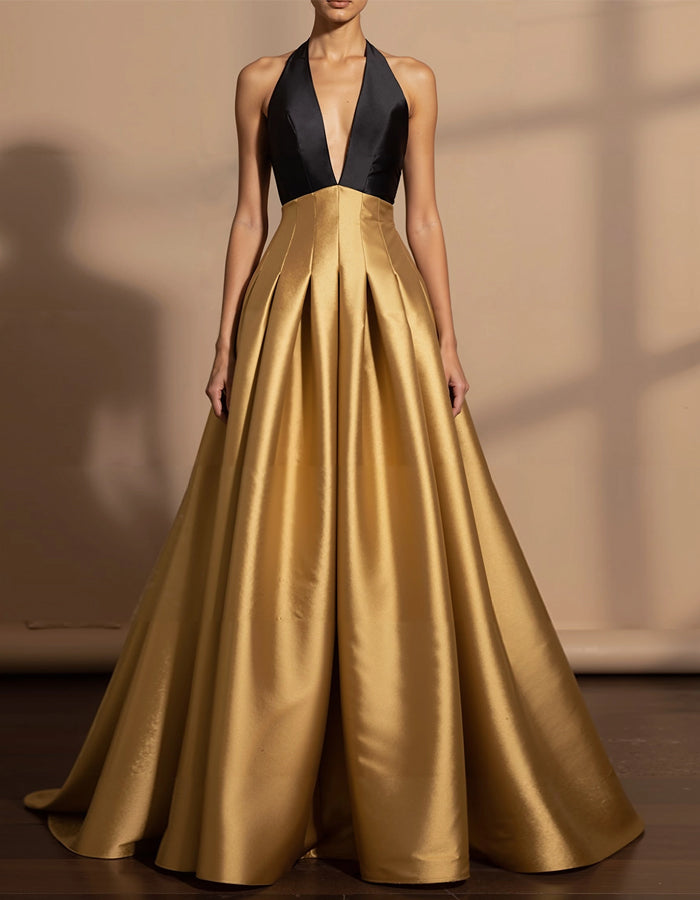 Vestido Maxi de Satén con Cuello Halter y Bloques de Color