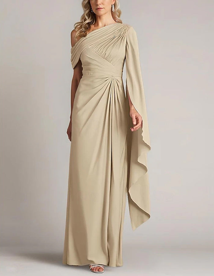 Vestido maxi capa chiffon plissado de cor sólida com um ombro