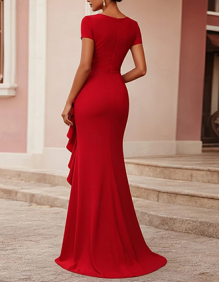 Solid Color Draped V-Neck Ruffled Fishtail Maxi Dress