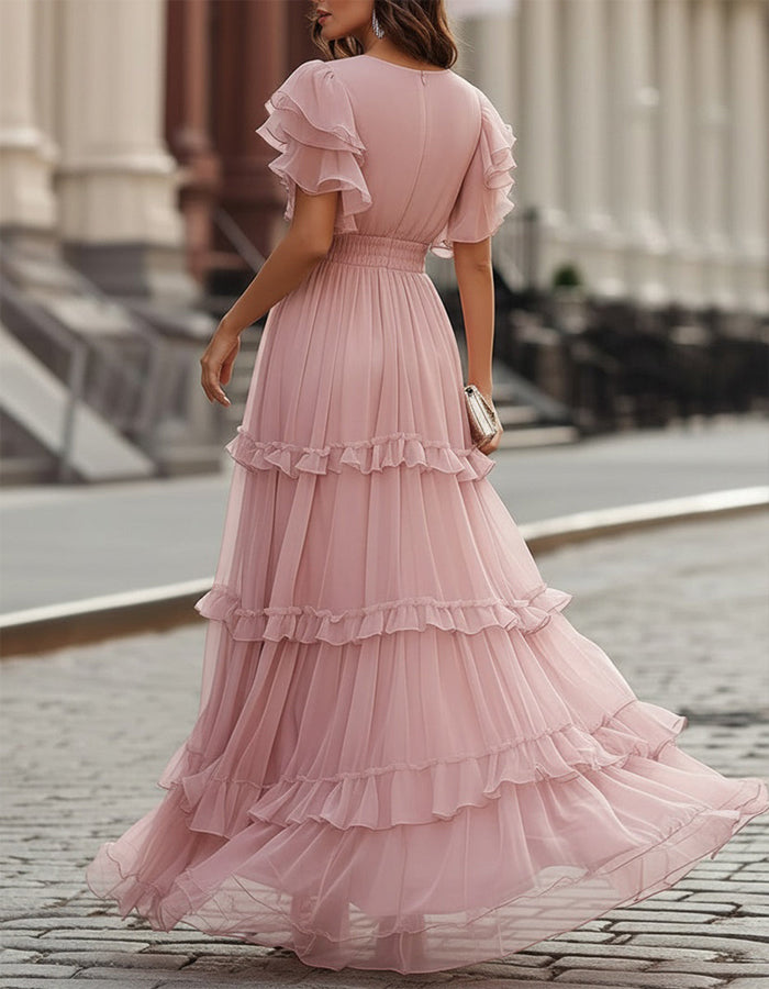 Rochie maxi roz din șifon, cu tiv cu volane