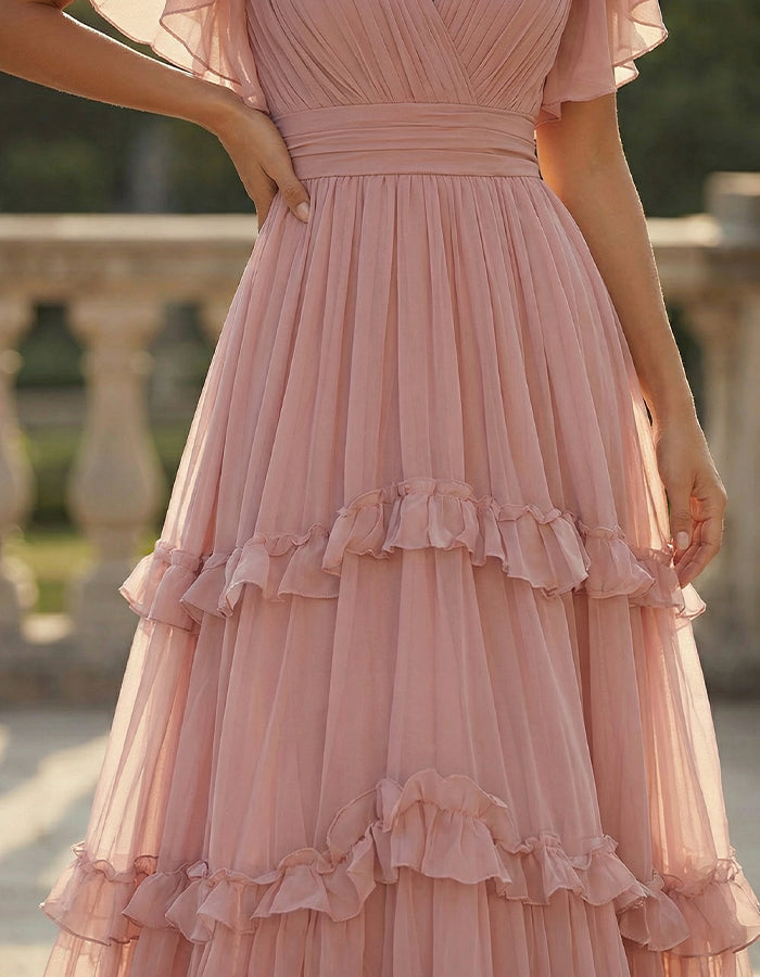 Rochie maxi roz din șifon, cu tiv cu volane