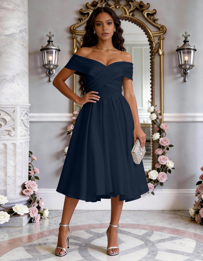 Vestido midi de satén de color sólido con hombros descubiertos, cintura ajustada y falda completa