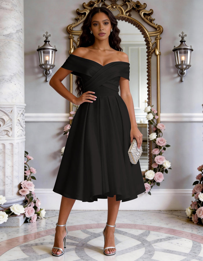 Vestido midi de satén de color sólido con hombros descubiertos, cintura ajustada y falda completa