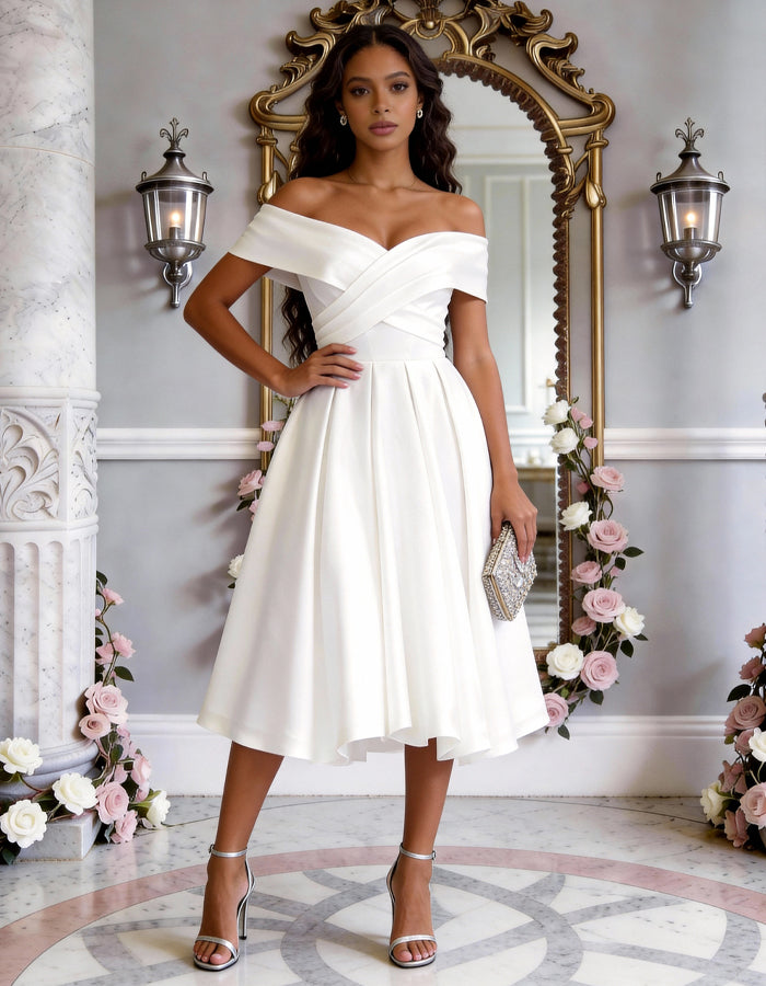 Vestido midi de satén de color sólido con hombros descubiertos, cintura ajustada y falda completa