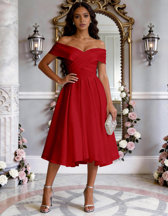 Vestido midi de satén de color sólido con hombros descubiertos, cintura ajustada y falda completa