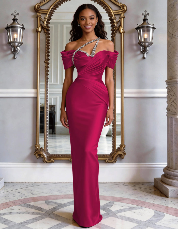 Vestido maxi de satén de color sólido con hombros descubiertos, pedrería y cola de pez