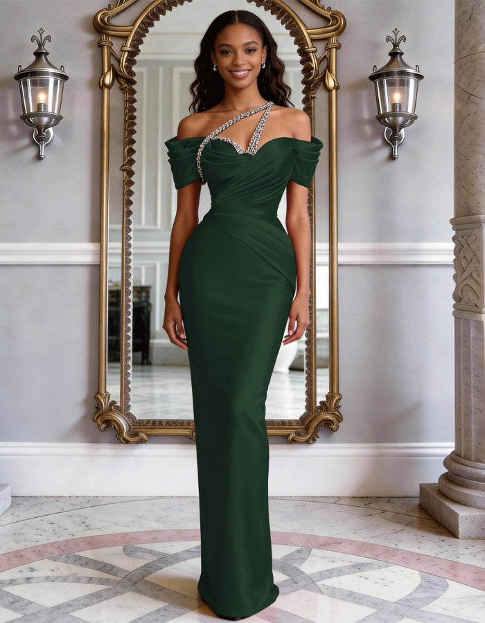 Vestido maxi de satén de color sólido con hombros descubiertos, pedrería y cola de pez