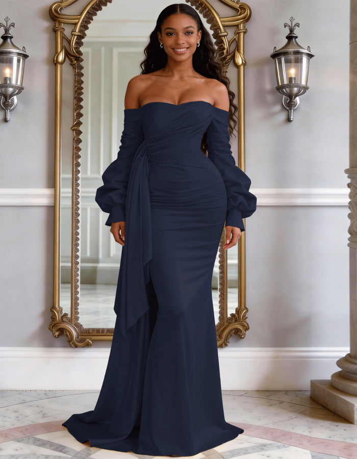 Vestido maxi de satén de color sólido con hombros descubiertos, mangas abullonadas y cola de pez