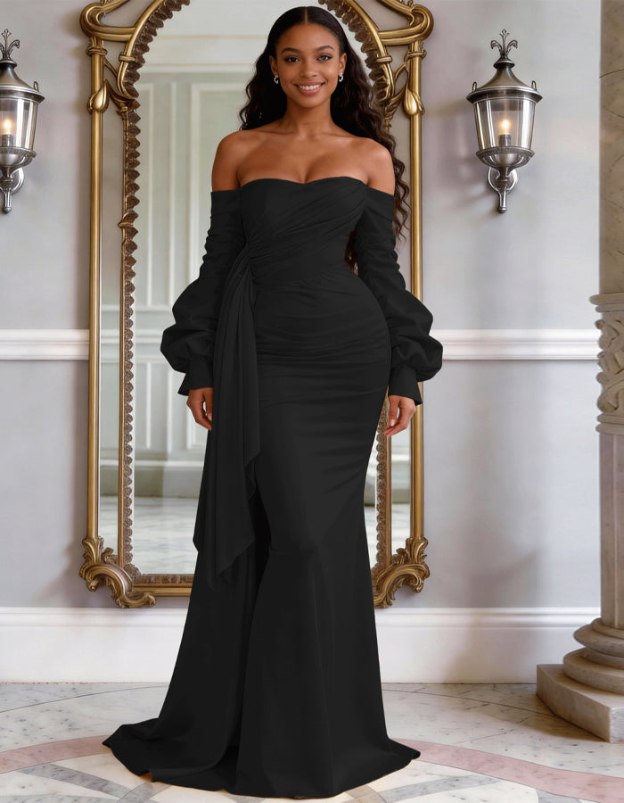 Vestido maxi de satén de color sólido con hombros descubiertos, mangas abullonadas y cola de pez