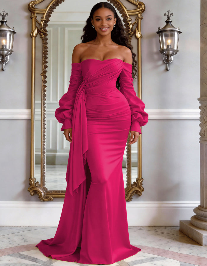 Vestido maxi de satén de color sólido con hombros descubiertos, mangas abullonadas y cola de pez