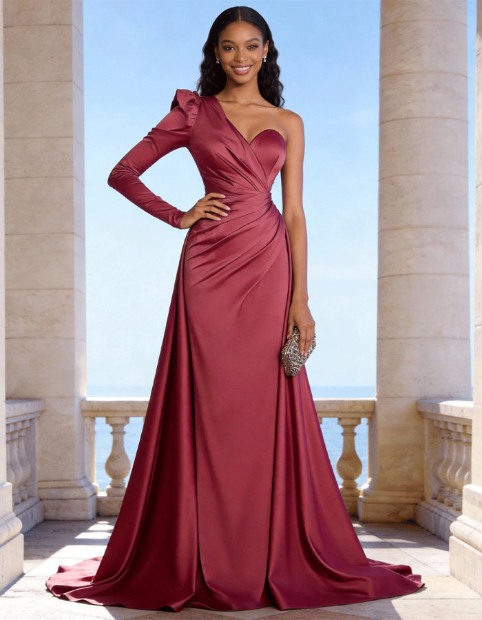 Robe longue en satin rouge vin à une épaule et jupe queue de poisson