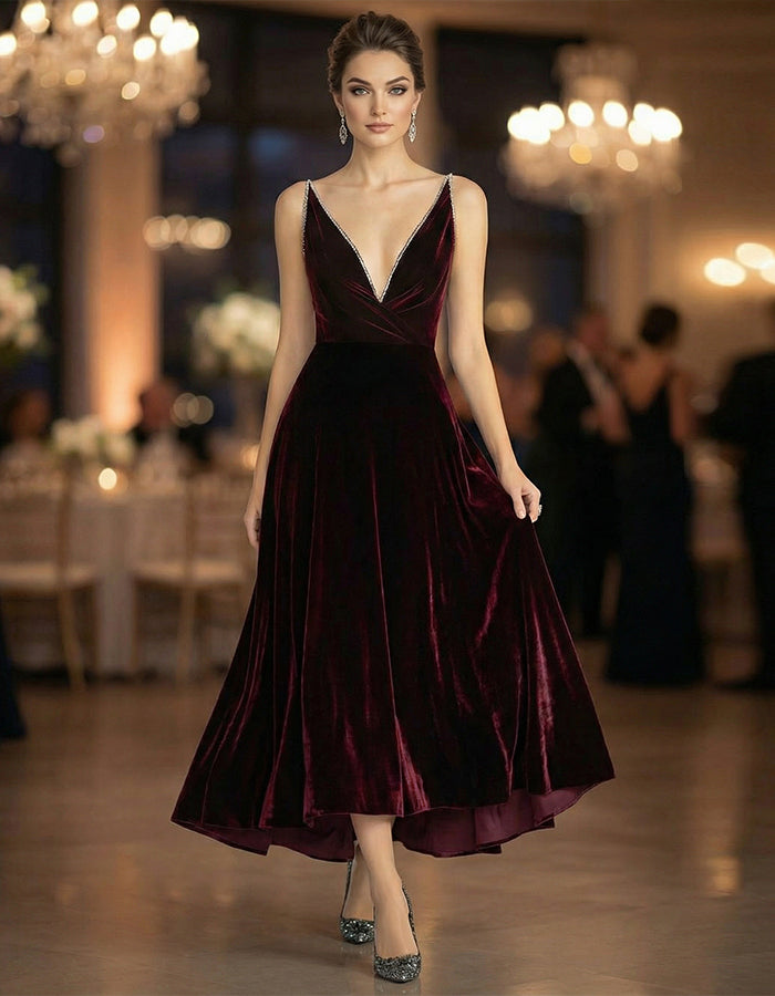 Vestido midi de veludo borgonha com alças finas e decote em V