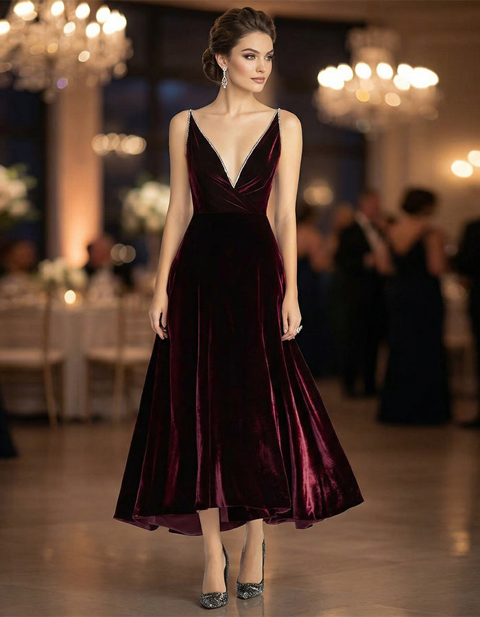 Vestido midi de veludo borgonha com alças finas e decote em V