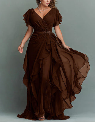Solid Color V-neck Ruffled Chiffon Maxi Dress