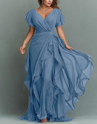 Solid Color V-neck Ruffled Chiffon Maxi Dress