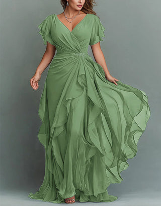 Solid Color V-neck Ruffled Chiffon Maxi Dress