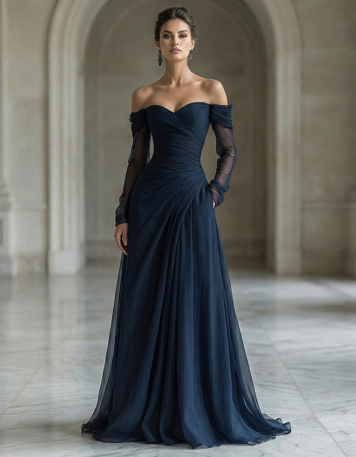 Vestido maxi de gasa azul marino con hombros descubiertos y mangas largas
