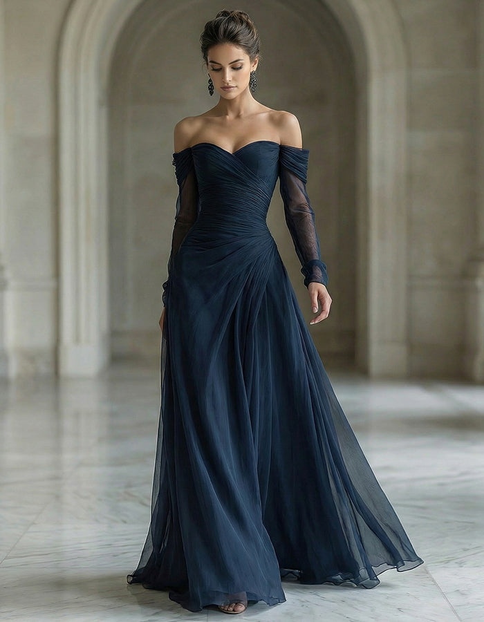 Marineblauwe chiffon off-shoulder maxi-jurk met lange mouwen
