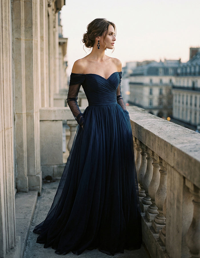 Marineblauwe chiffon off-shoulder maxi-jurk met lange mouwen