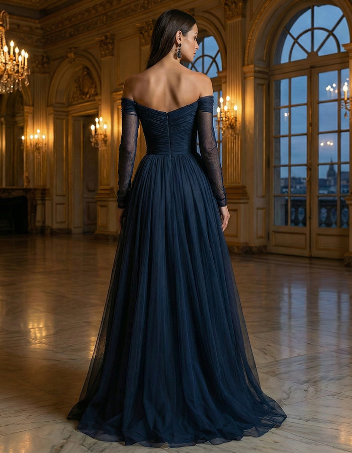Marineblauwe chiffon off-shoulder maxi-jurk met lange mouwen
