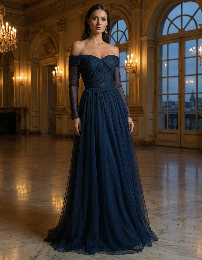 Marineblauwe chiffon off-shoulder maxi-jurk met lange mouwen
