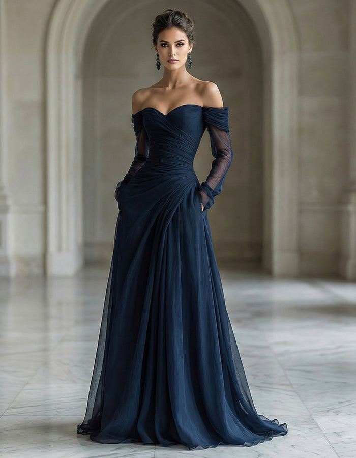 Marineblauwe chiffon off-shoulder maxi-jurk met lange mouwen