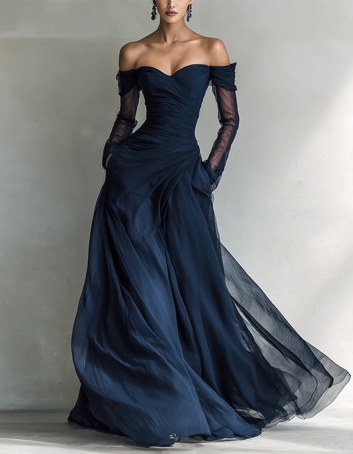 Abito lungo in chiffon blu navy con spalle scoperte e maniche lunghe