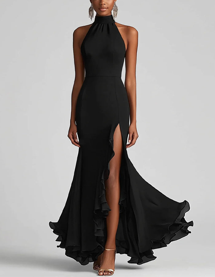 Vestido Maxi de Chiffon Preto com Gola Halter, Fenda com Babados e Barra Cauda Peixe