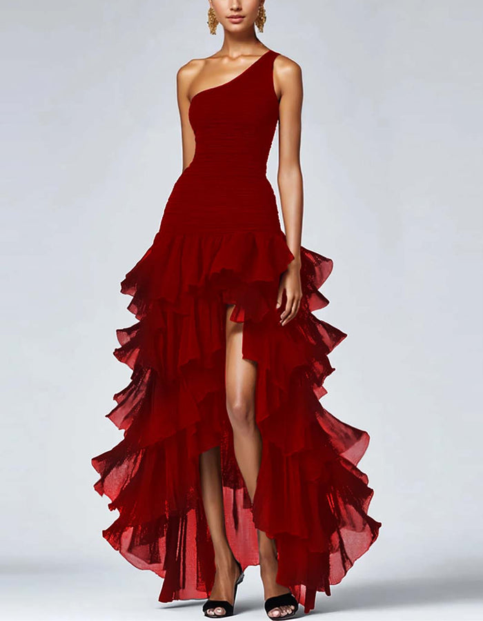 Robe longue unie à une épaule avec volants et coupe irrégulière