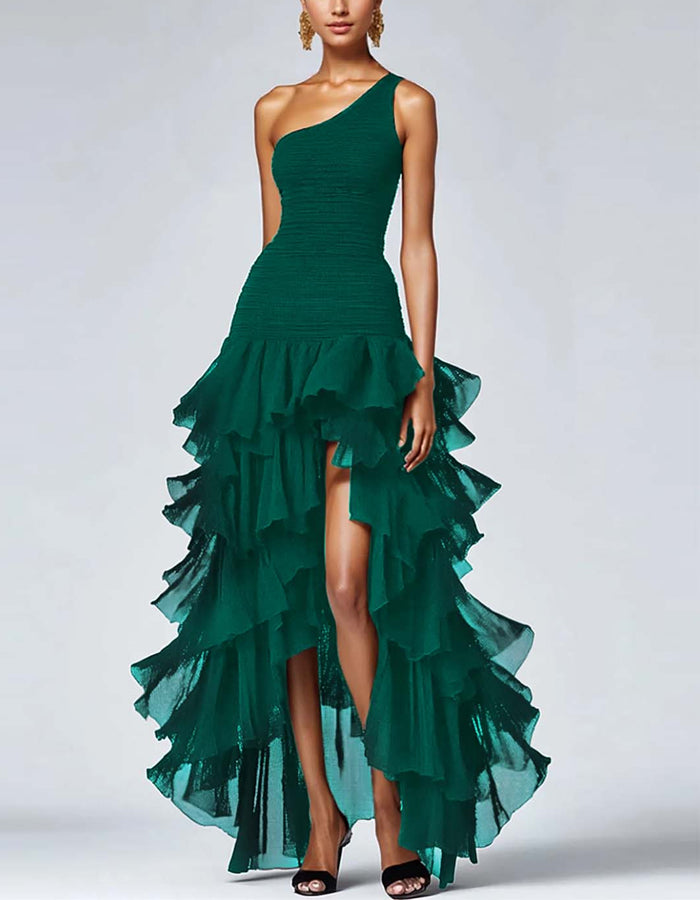 Vestido Maxi de Cor Sólida com Um Ombro e Babados Irregulares