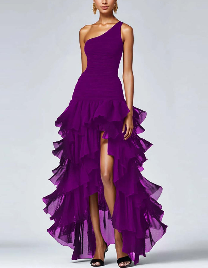 Vestido Maxi de Cor Sólida com Um Ombro e Babados Irregulares