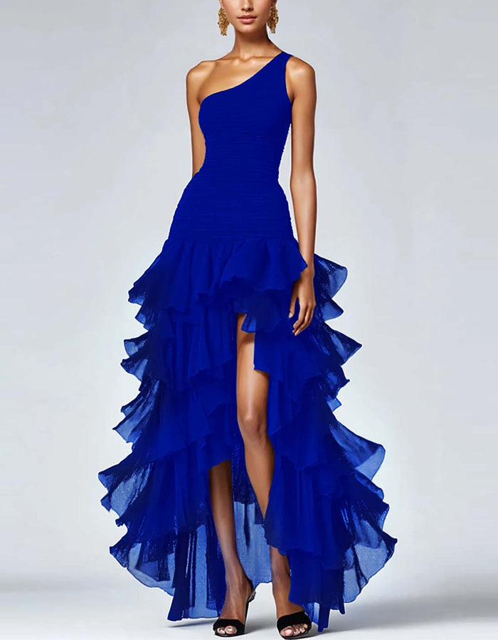 Vestido Maxi de Cor Sólida com Um Ombro e Babados Irregulares
