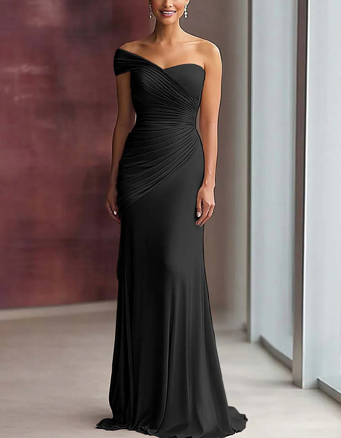 Rochie maxi din satin, culoare solidă, cu un singur umăr și pliuri, coadă de pește