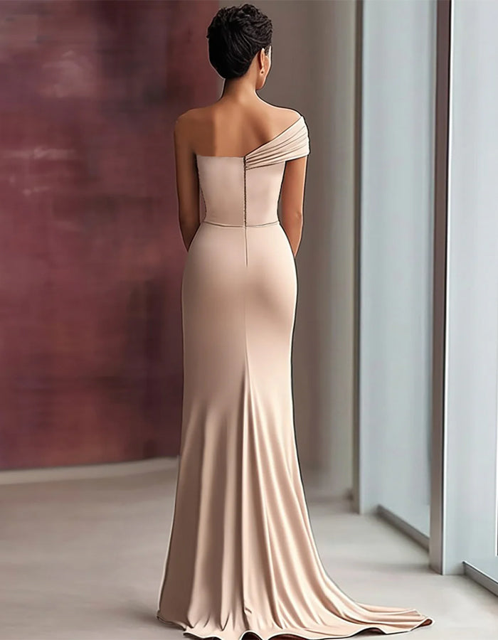 Solid Color Satin One Shoulder Pleated Fishtail Maxi Dress