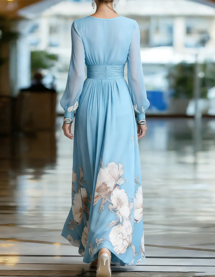 Vestido maxi de gasa de color sólido con escote en V y mangas largas estampadas