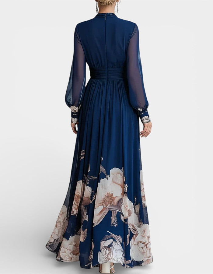 Solid Color Chiffon V-Neck Printed Long Sleeve Maxi Dress