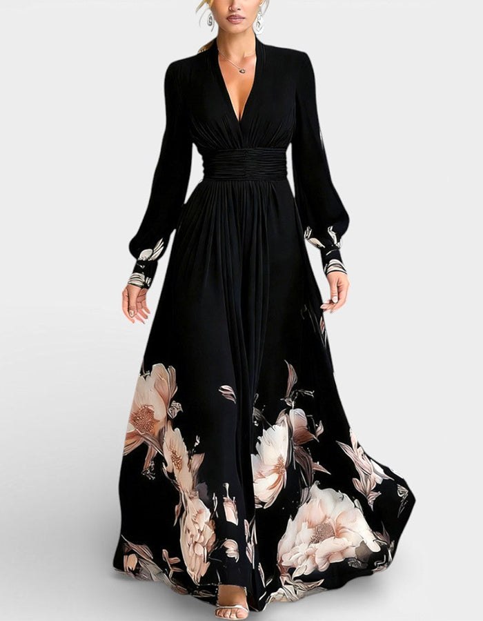 Abito lungo in chiffon tinta unita con scollo a V stampato e maniche lunghe