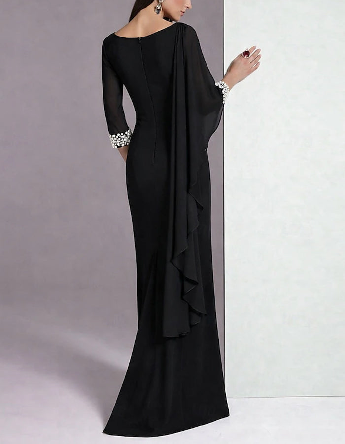 Vestido Maxi Assimétrico de Chiffon Drapeado de Cor Sólida com Mangas de Lantejoulas