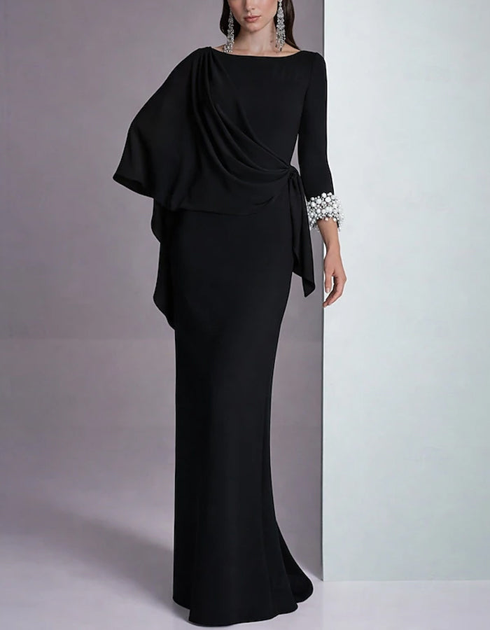 Maxikleid aus einfarbigem, drapiertem Chiffon mit asymmetrischen, paillettenbesetzten Ärmeln  