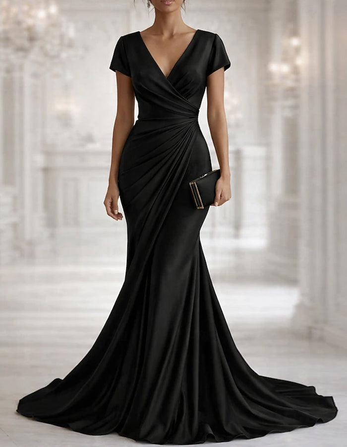 Vestido maxi cetim de cor sólida com decote em V, pregas e cauda de peixe