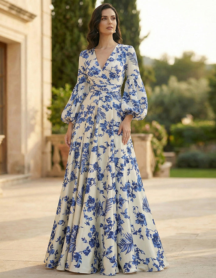 Vestido Maxi Branco em Cetim com Estampa e Mangas Lanterna