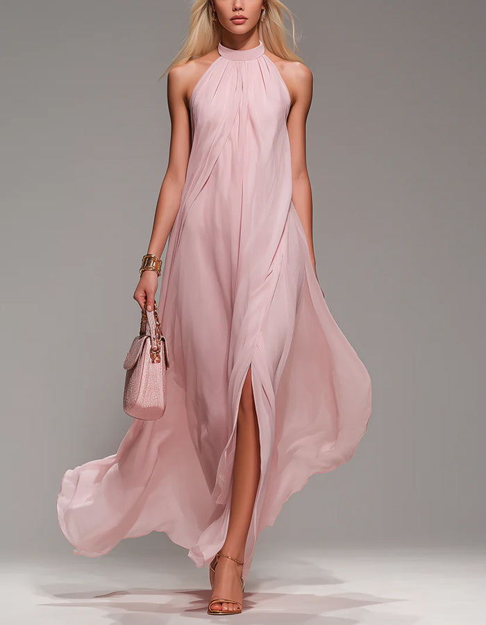 Light Pink Halter Neck Chiffon With Slits Maxi Dress