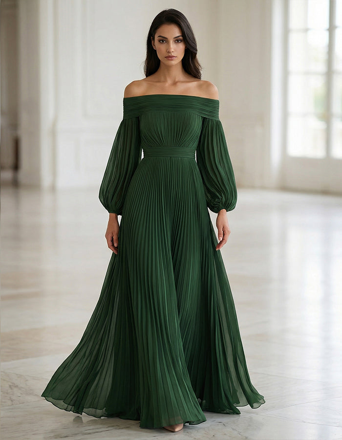 Dark Green Off Shoulder Pleated Lantern Sleeves Maxi Dress