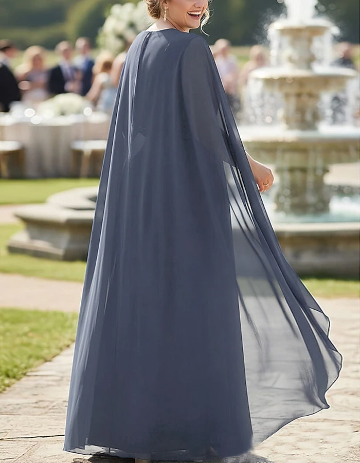 Blue Grey Chiffon Cape Sleeve Sequined Waist Wide Leg Jumpsuit