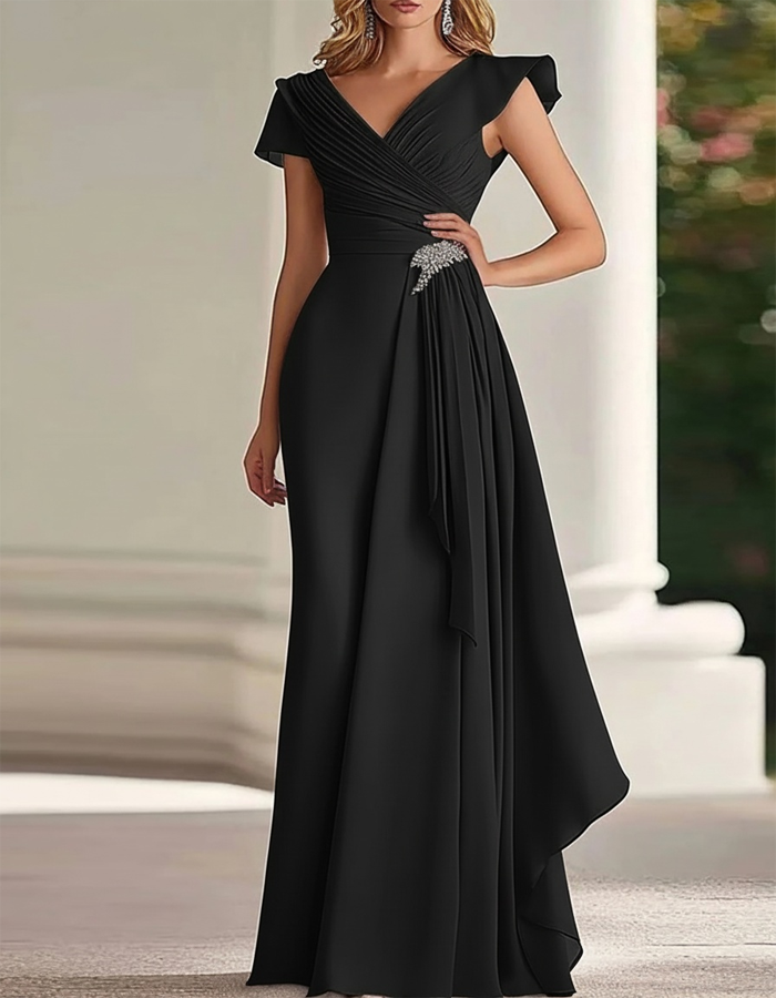 Maxi-jurk van chiffon met V-hals, geplooide pofmouwen