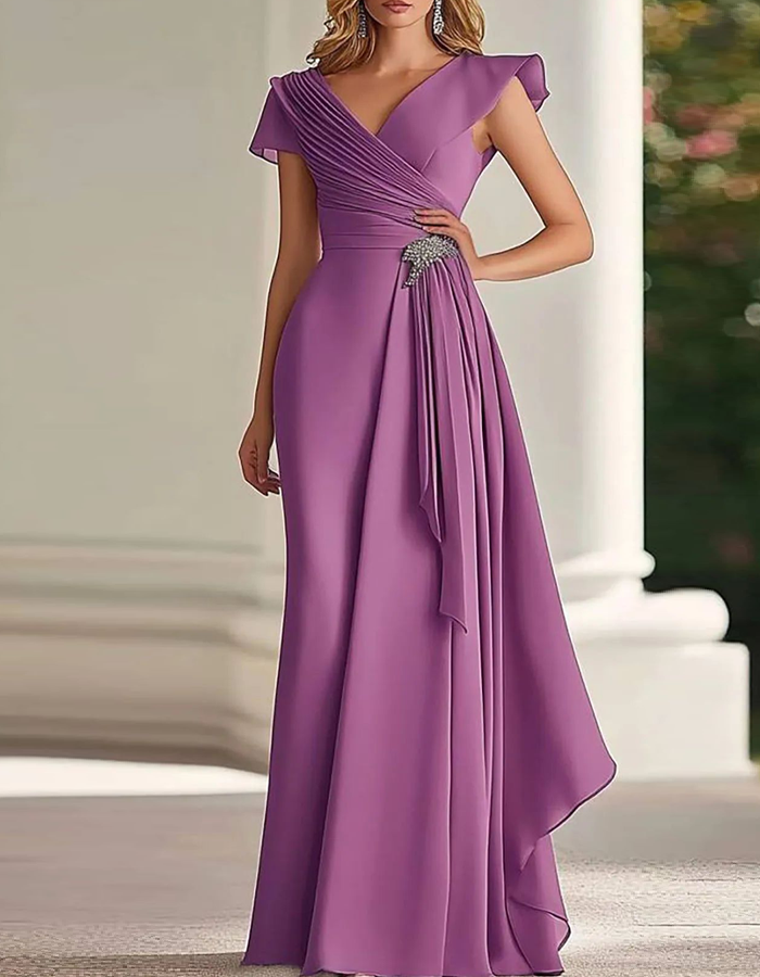 Maxi-jurk van chiffon met V-hals, geplooide pofmouwen