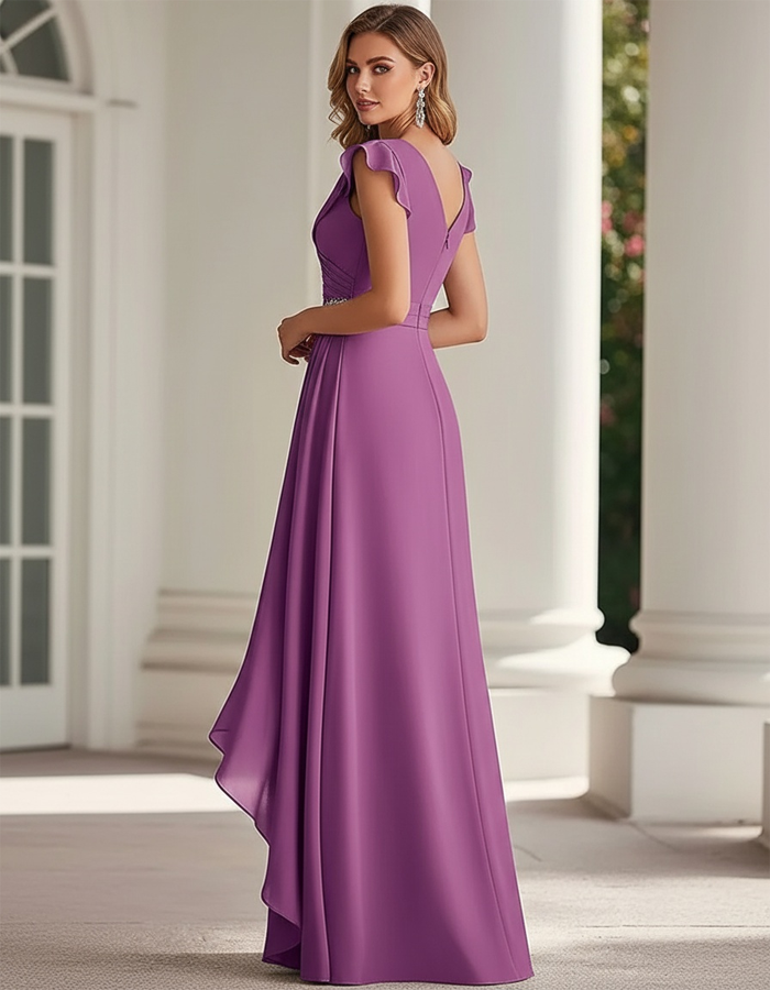 Vestido Maxi de Chiffon com Decote em V, Pregas e Mangas Bufantes