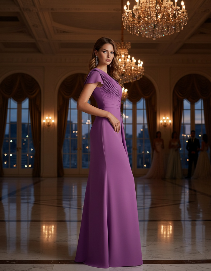 Vestido Maxi de Chiffon com Decote em V, Pregas e Mangas Bufantes