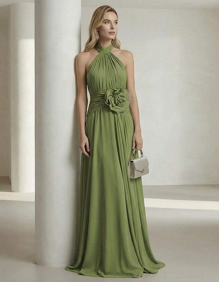 Olijfgroene chiffon maxi-jurk met halternek en 3D bloemen