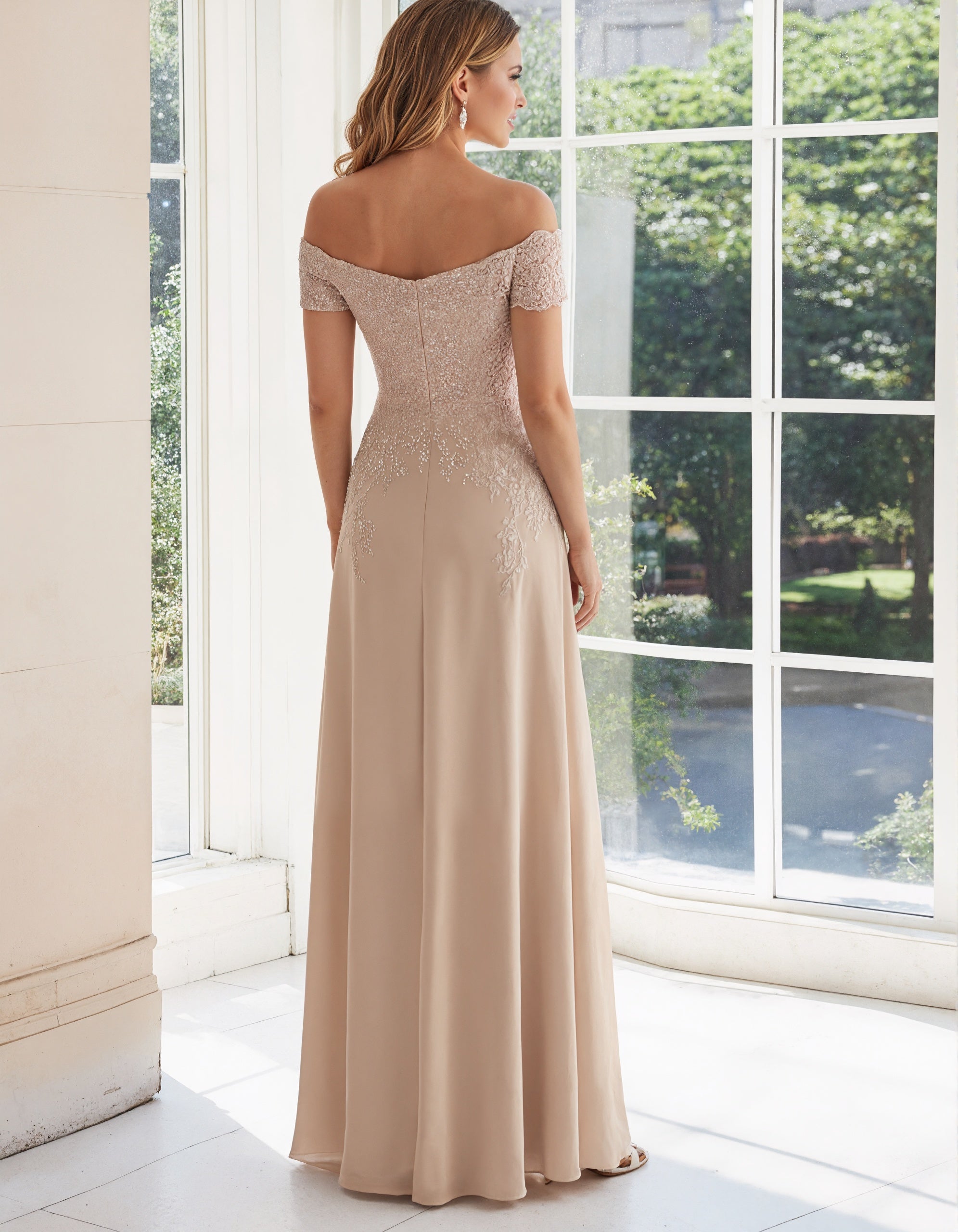 Solid Color Off Shoulder Lace Embroidered Full Maxi Dress
